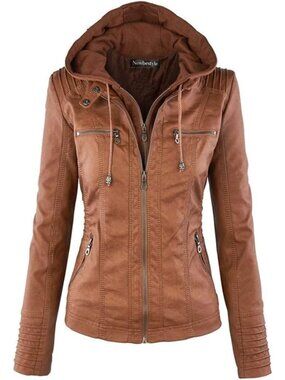 Women’s Brown Hooded Faux Leather Motorcycle Jacket Zip Up Casual Biker Coat